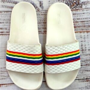 MICHAEL KORS Womens White Gilmore Toe Platform Slip On Leather Slide Sandals 8 M